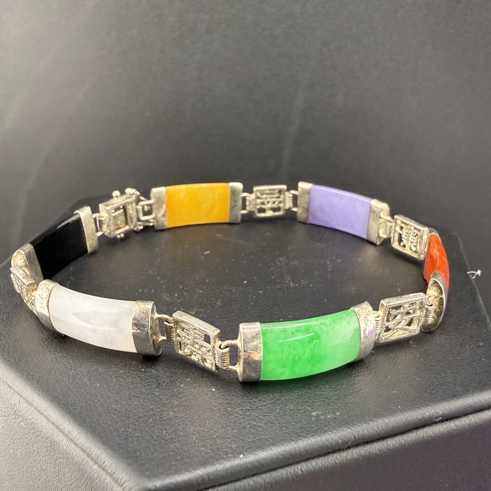 Vintage Sterling‎ Bracelet Asian Multi Color Panel Character 7.5"